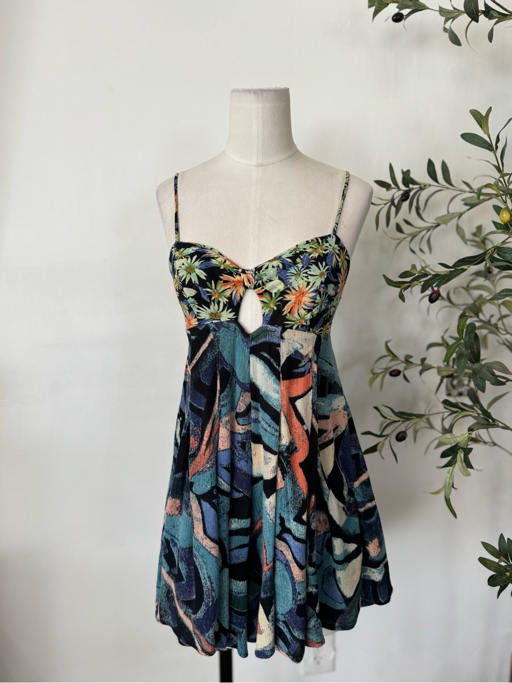 Free People Floral Abstract Print Romper XS Cutout Open Back Boho Festival
